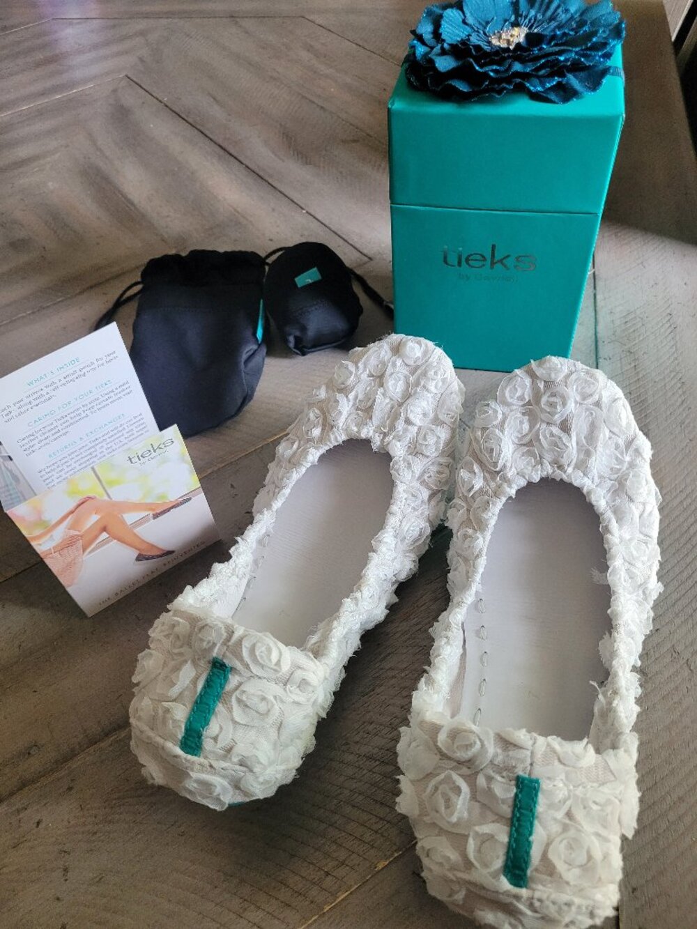 Tieks white rose flats, size 7